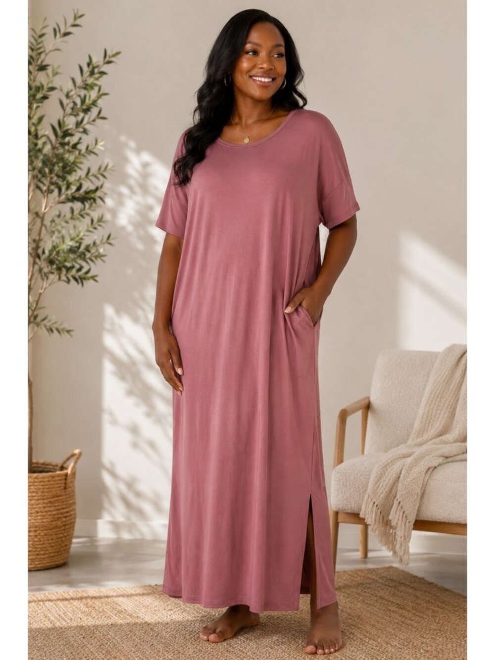 Recliner DreamTech Modal Maxi Lounge Dress Pink Relaxed Soft Sleepwear S